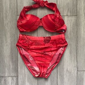 Liquid Blue Two Piece Swimsuit Red With Sparkles Glitter Floral Tropical Bikini